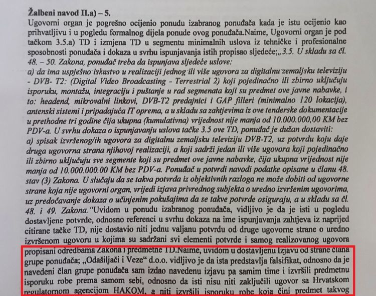 Faksimil dijela zalbe o falsificiranoj potvrdi iz Hrvatske
