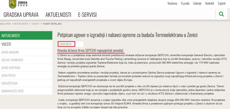 Zvanicna informacija o potpisanom ugovoru stranica Opcine Zenica