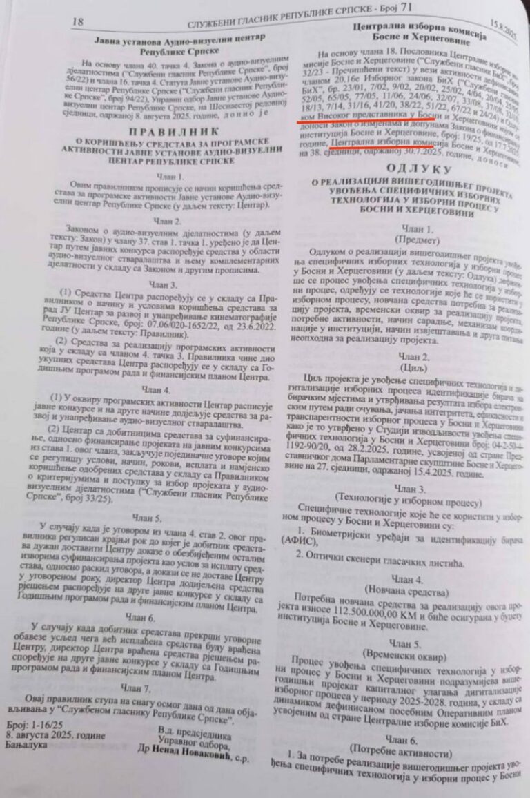 Službeni glasnik RS objavio odluku CIK-a o novim izbornim tehnologijama koju je nametnuo Schmidt