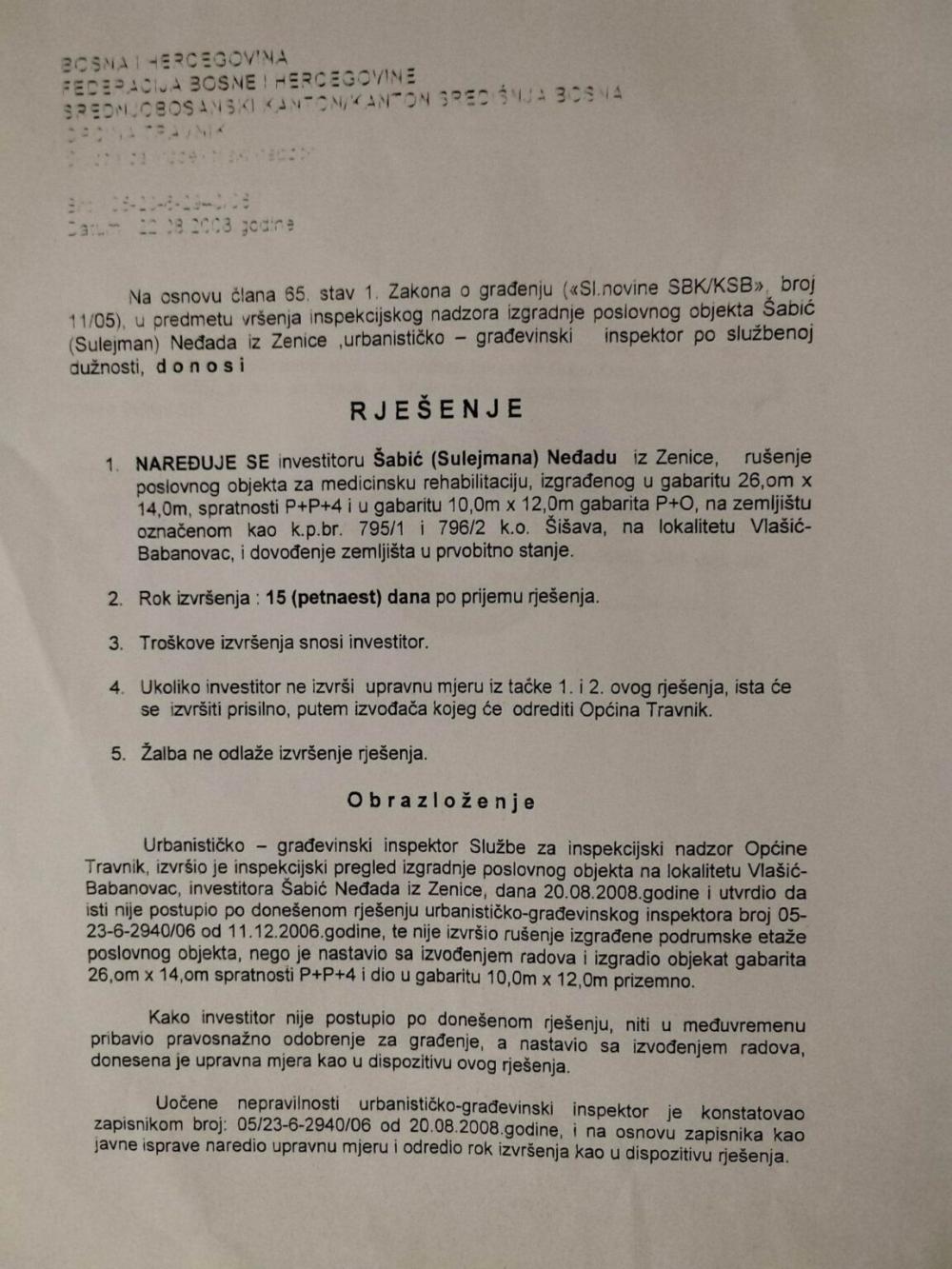 Faksimil izvršnog rješenja iz 2008. godine o obavezi rušenja objekta