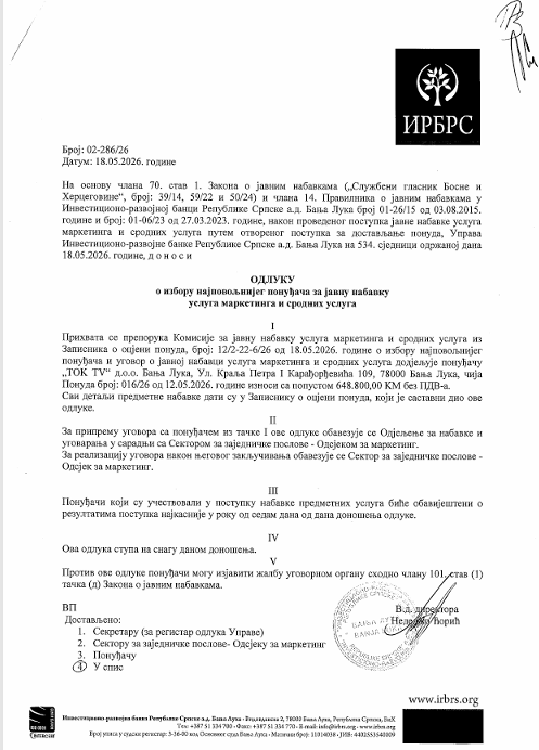 Odluka o izboru najpovoljnijeg ponuđača tok TV IRB